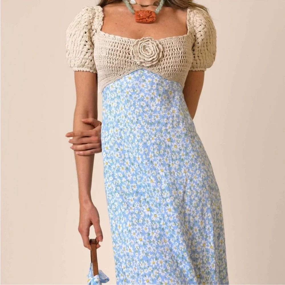 Rixo London Sardinia Crochet Knit Floral Maxi Dress in Cream and Light Blue - Picture 8 of 10
